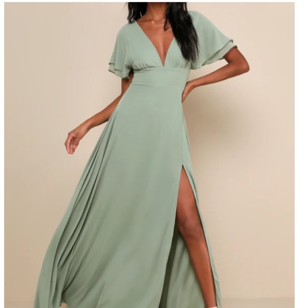 Lulus Promise Of Love Sage Brush Flutter Sleeve Maxi Dress Green XL